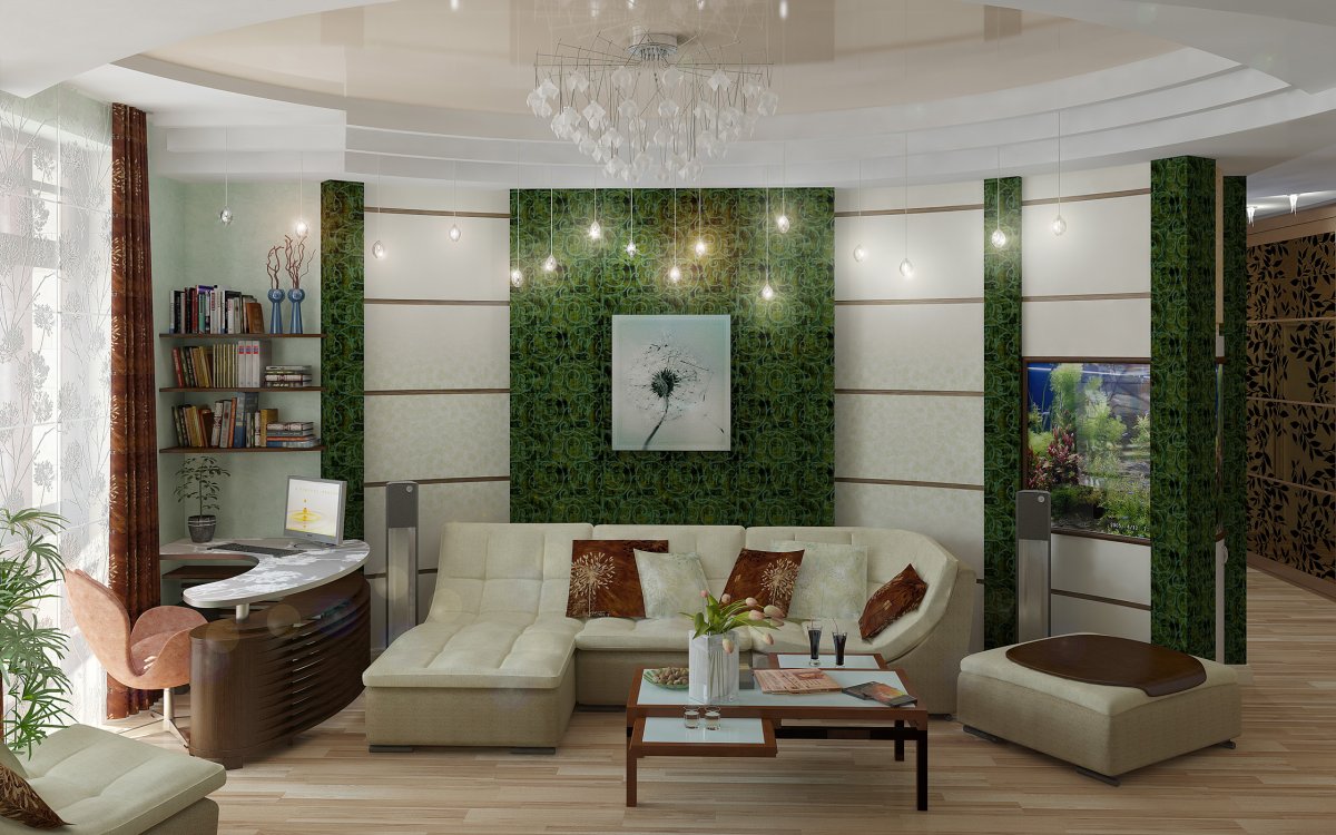 Малахитовый цвет в интерьере гостиной