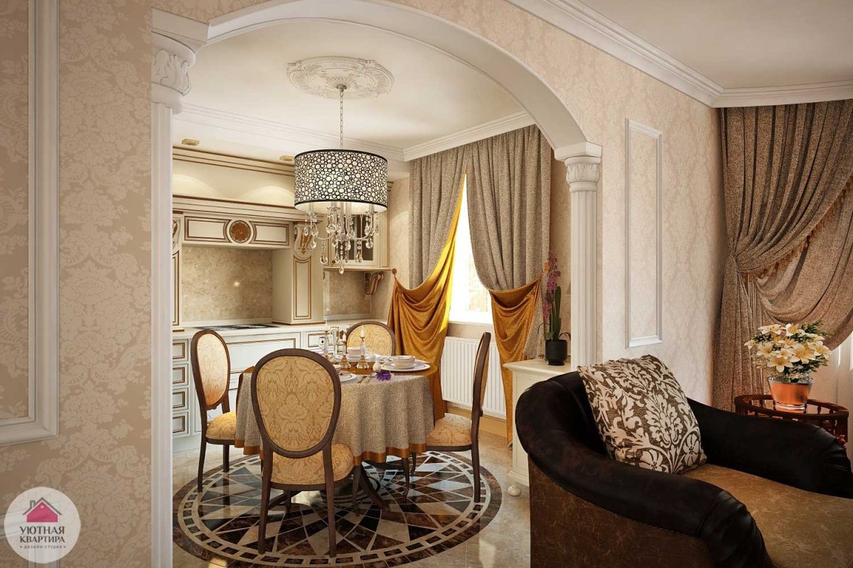 Кухня-гостиная 14 кв.м с эркером и диваном