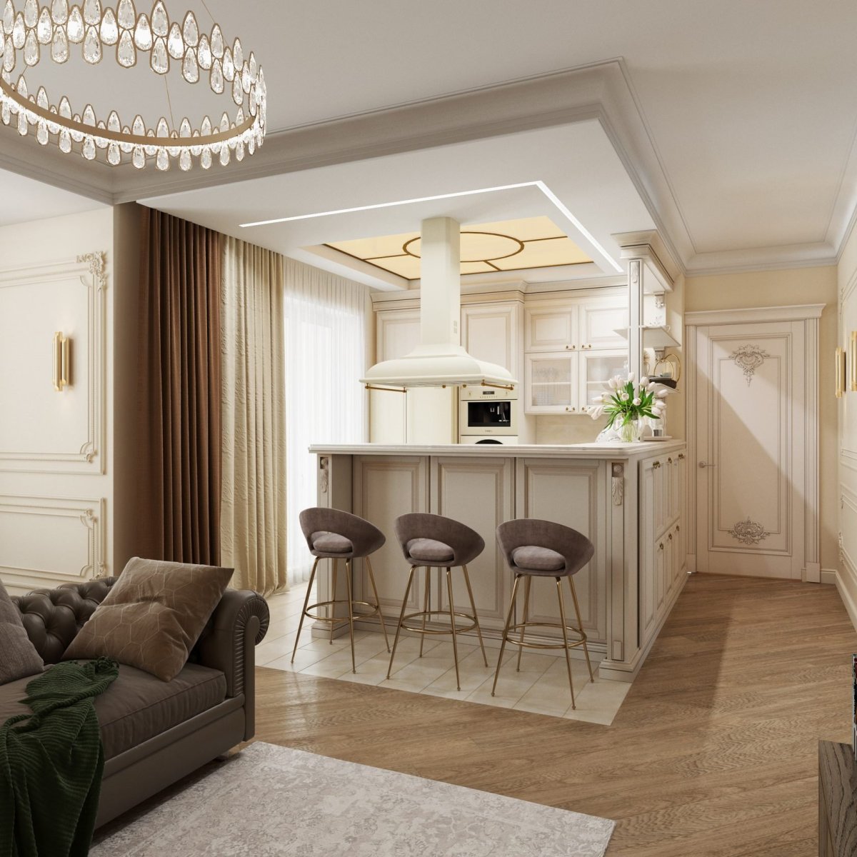 Столовая в классическом стиле в светлых тонах