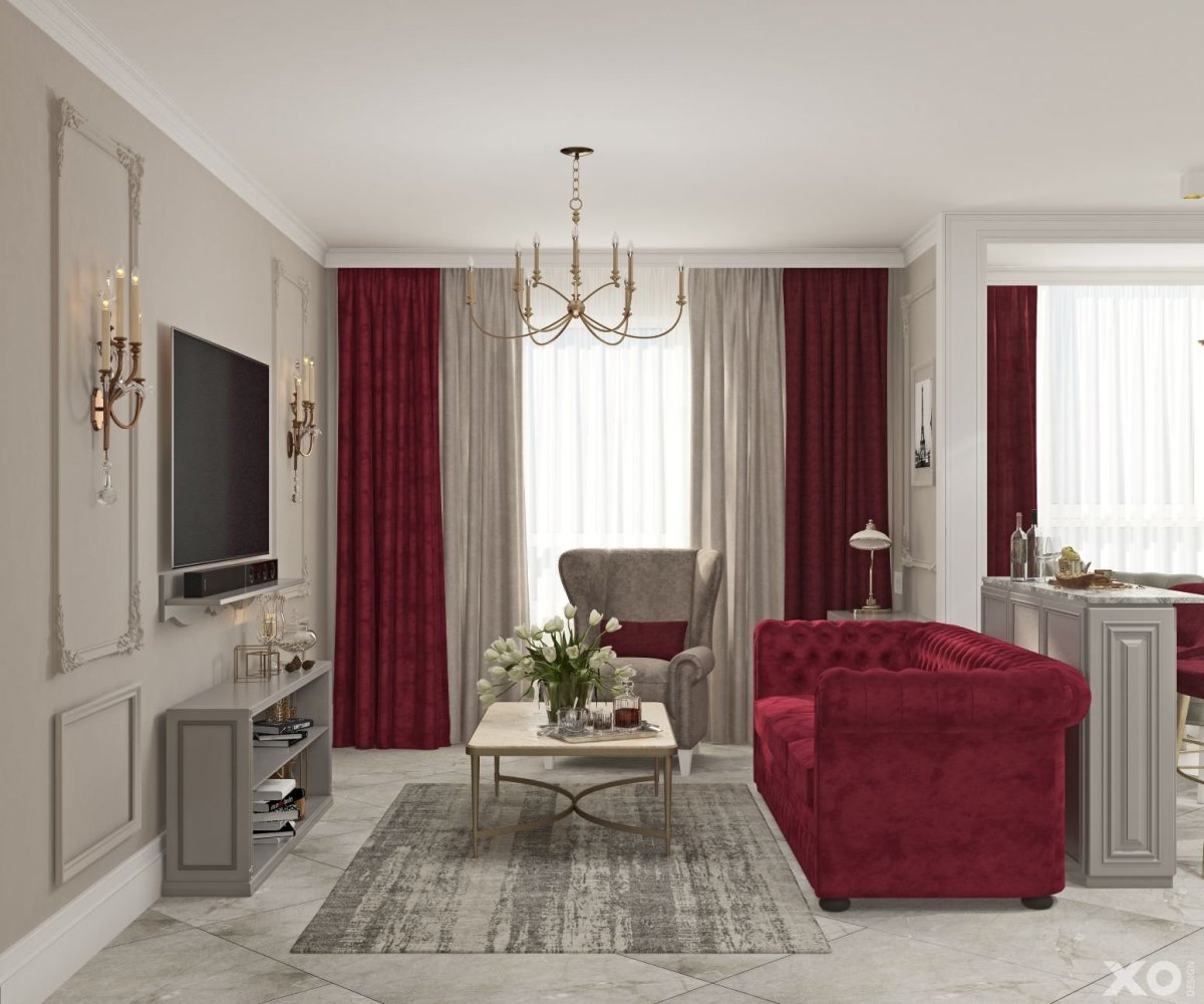 Гостиная в бело бордовых тонах