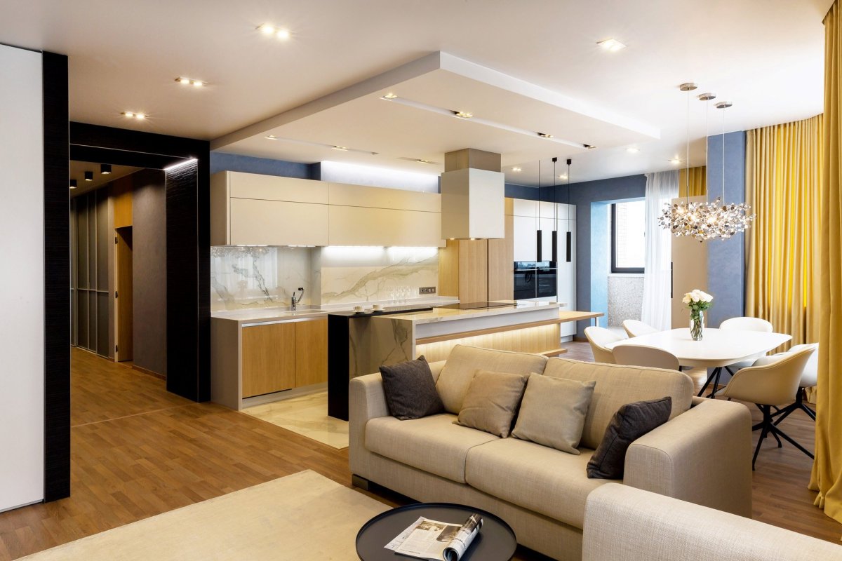 Серо синяя кухня гостиная