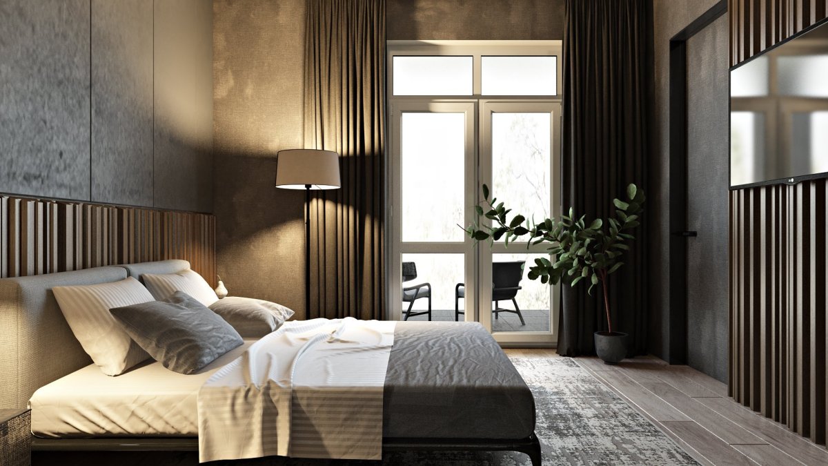 Деревянные рейки в спальне