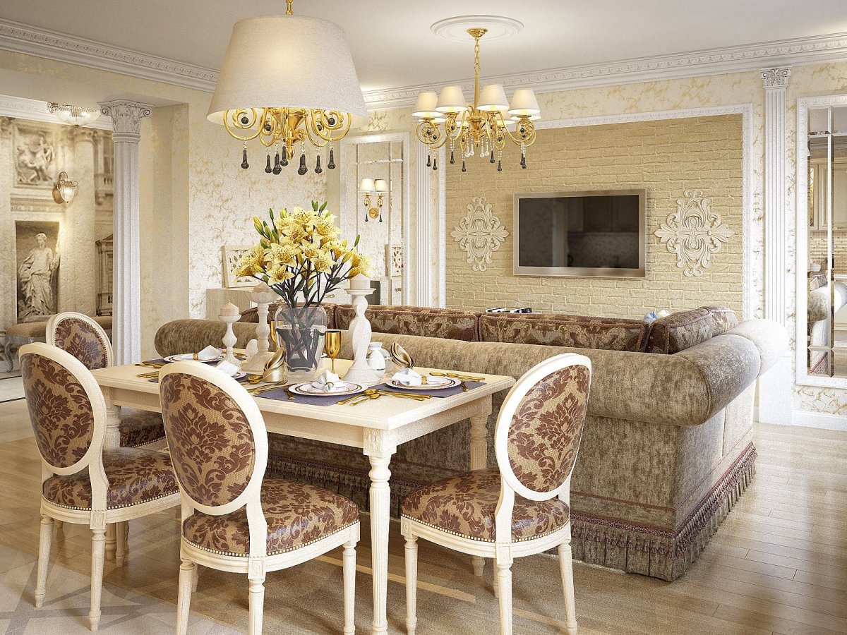 Обои в кухню-гостиную в классическом стиле