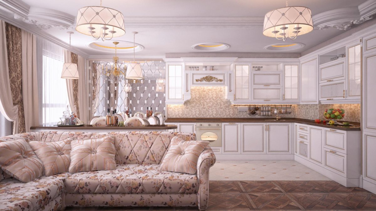 Гостиная совмещенная с кухней в классическом стиле в светлых тонах