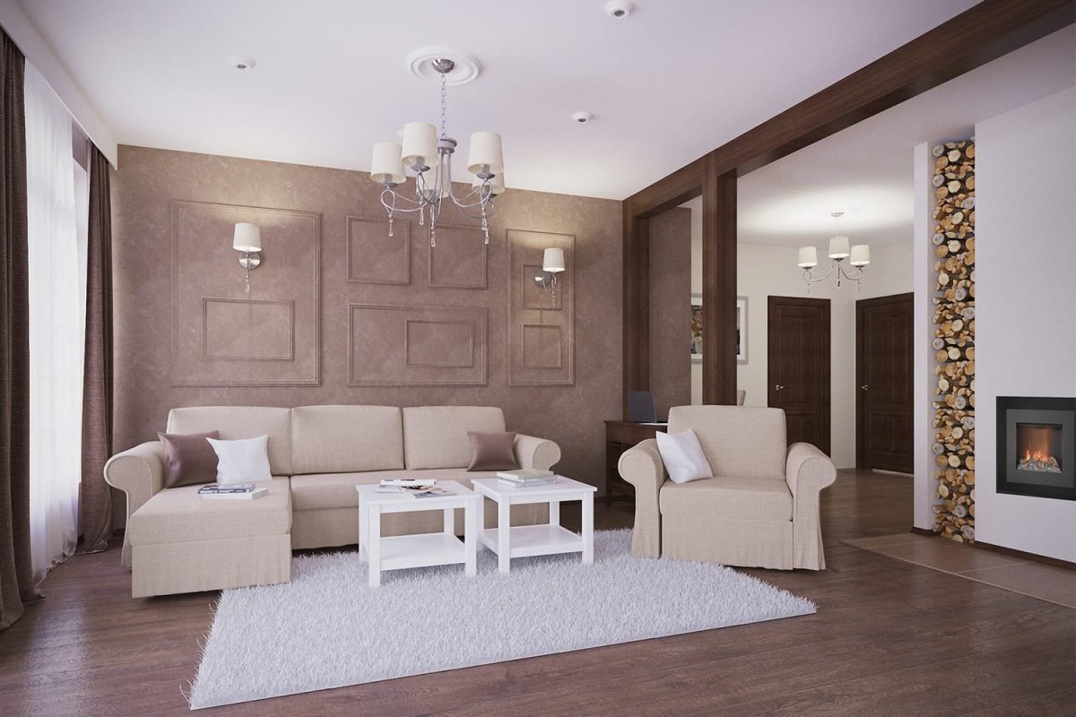 Кофейные стены в интерьере гостиной