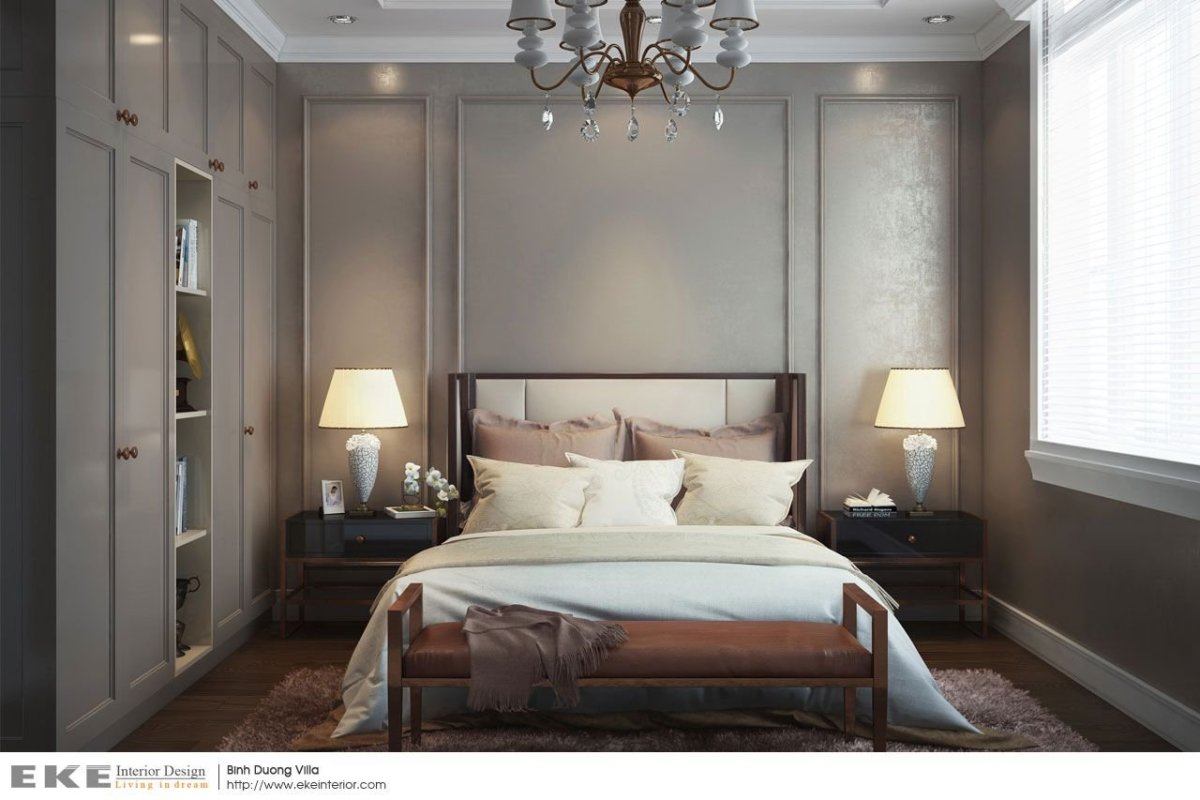 Обои с молдингом в спальне