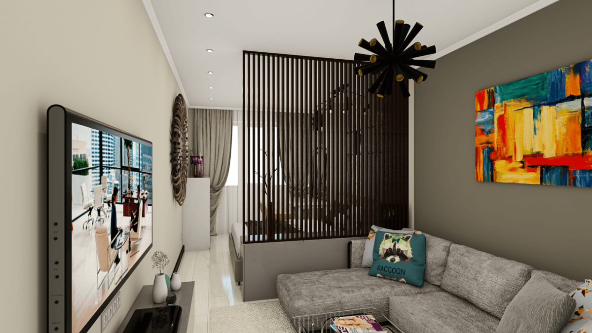 Зонирование гостиной и спальни рейками