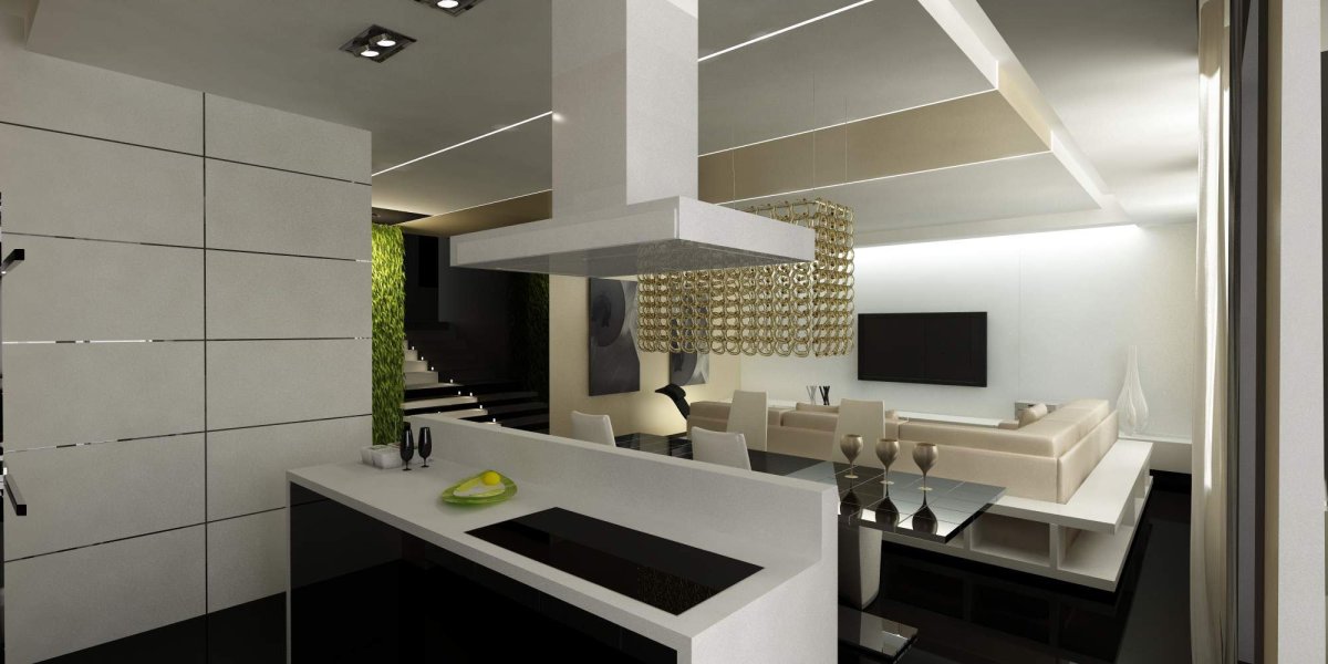 Интерьер гостиной с кухней Хай тек