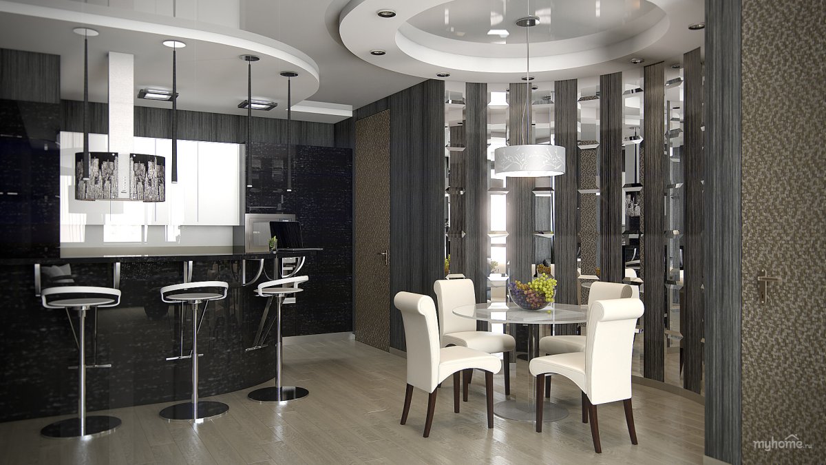 Кухня-гостиная в потолок с барной стойкой