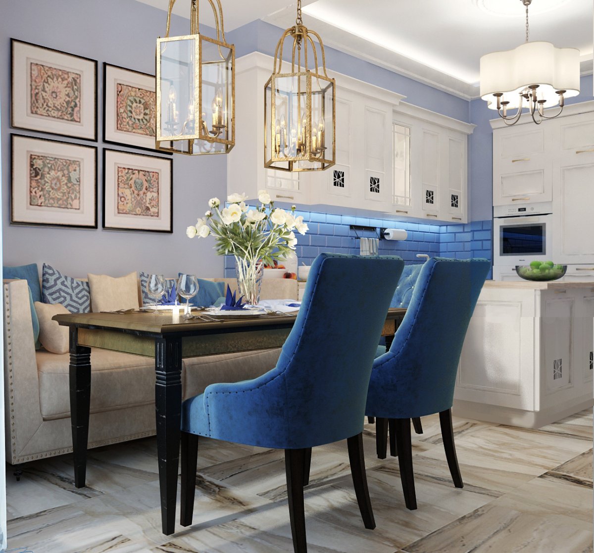 Кухня в сине бежевых тонах