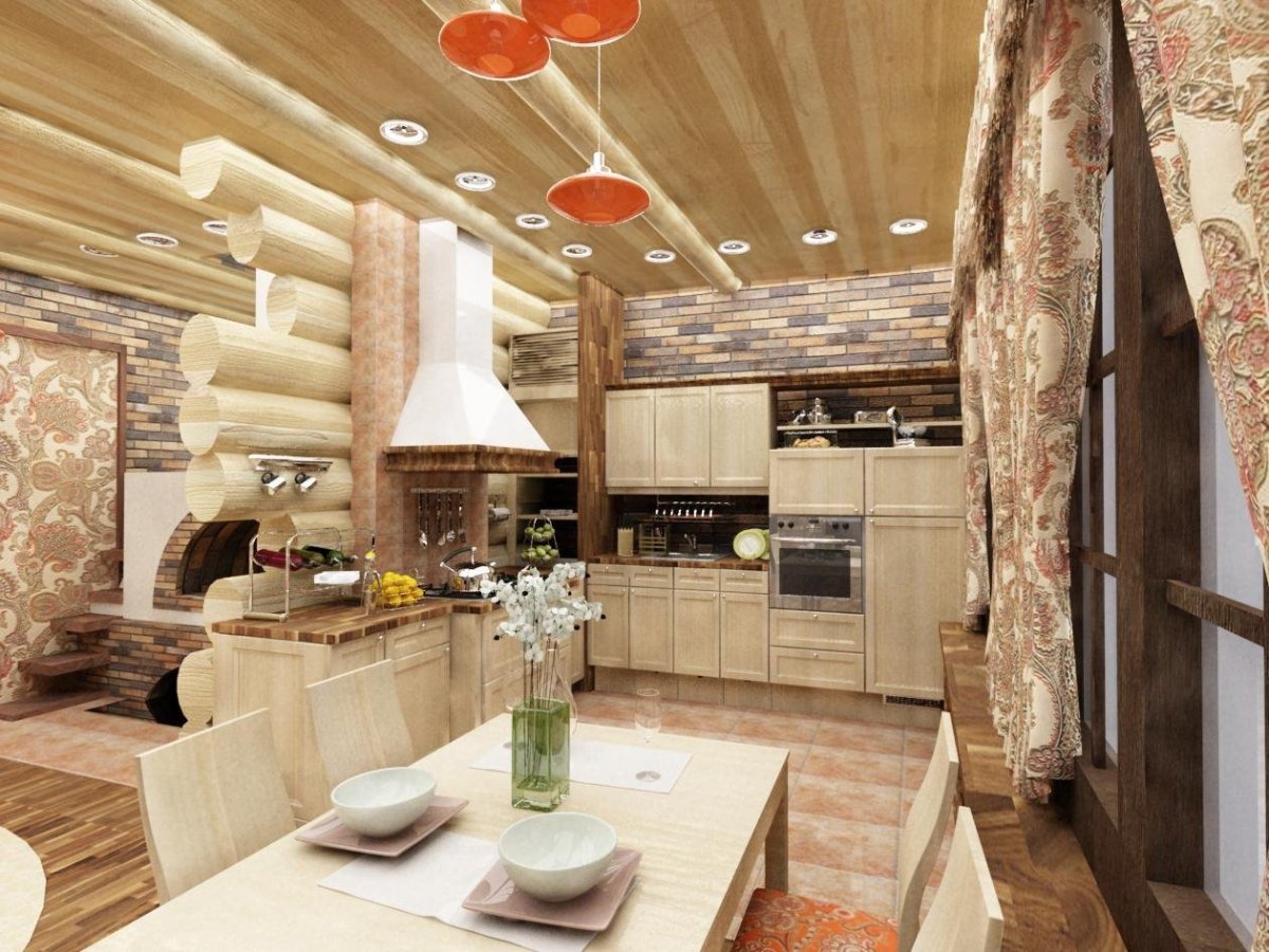 Интерьер бани с комнатой отдыха и кухней