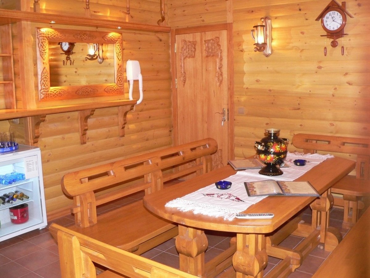 Планировка бани с кухней и комнатой