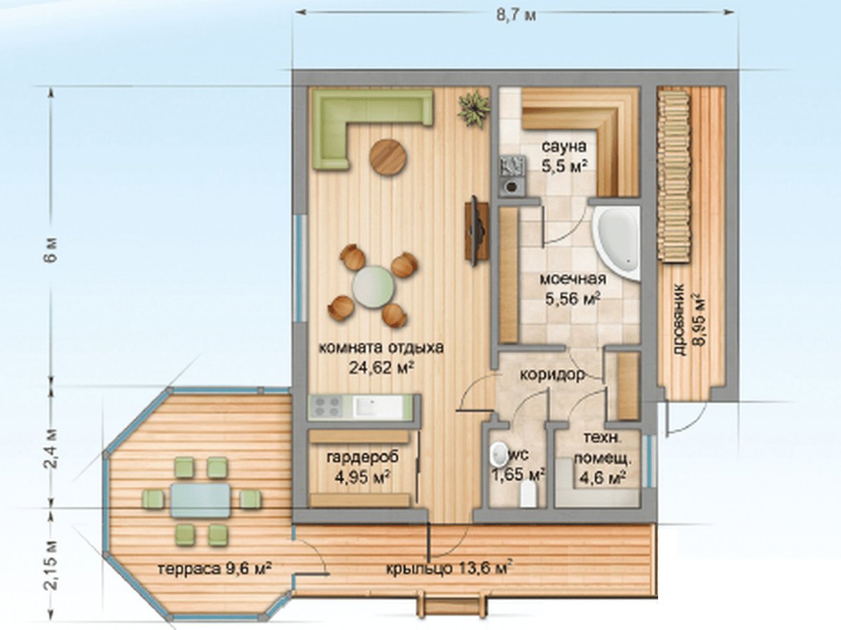 Интерьер бани с комнатой отдыха из бревна