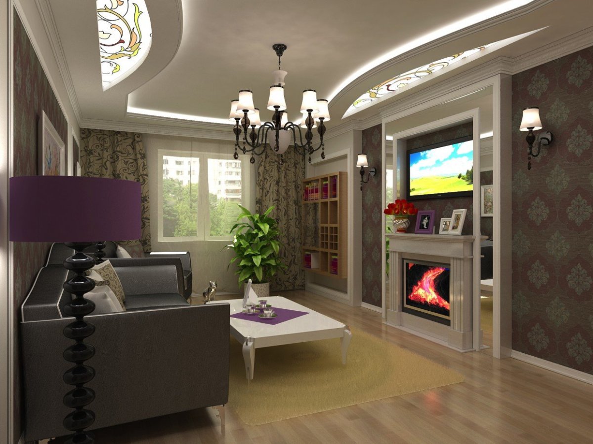 Проходная гостиная с камином