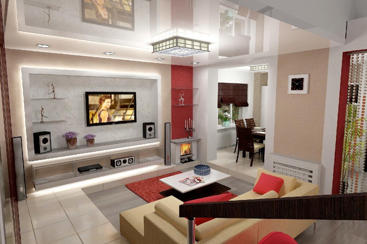 Интерьер проходной гостиной в частном доме