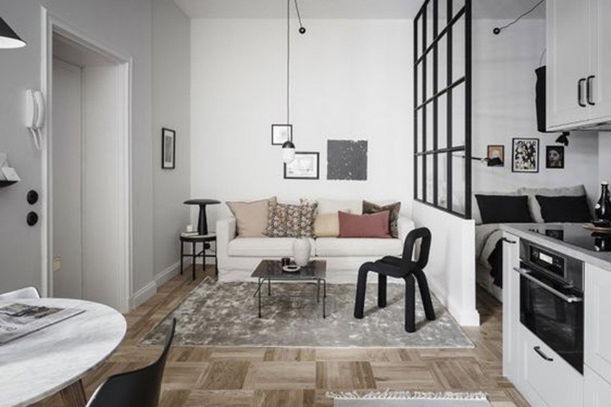 Зонирование кухни в студии 30 кв.м