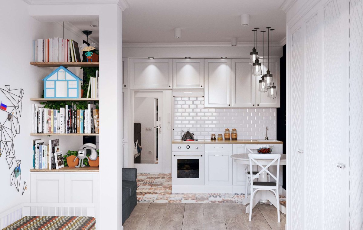 Зонирование кухни в студии 28 кв.м