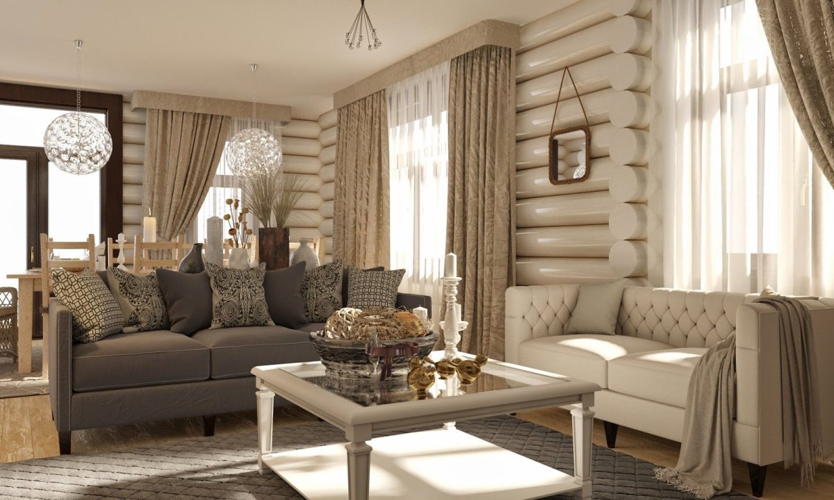 Шторы в гостиной в деревянном доме