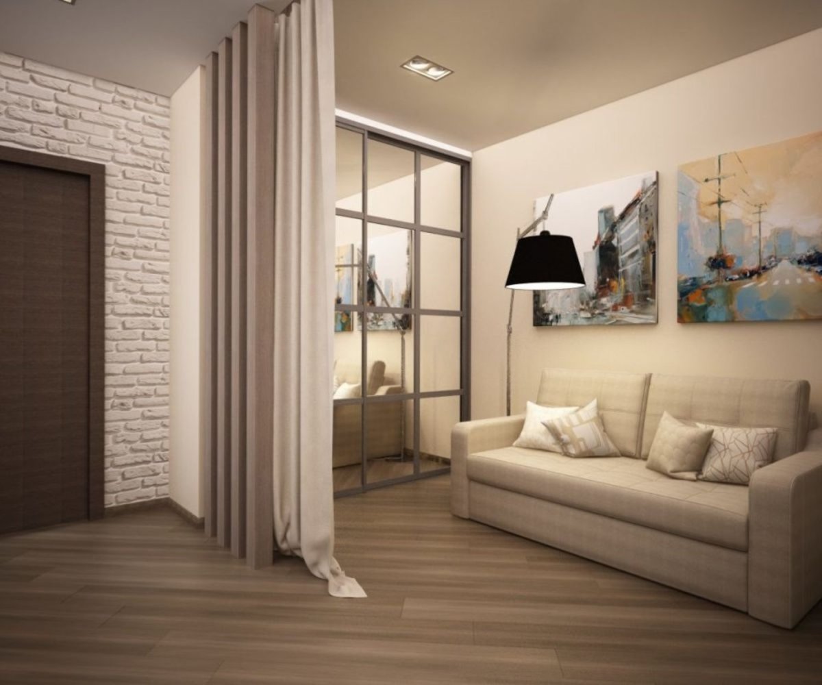 Стильный интерьер гостиной с рабочим местом