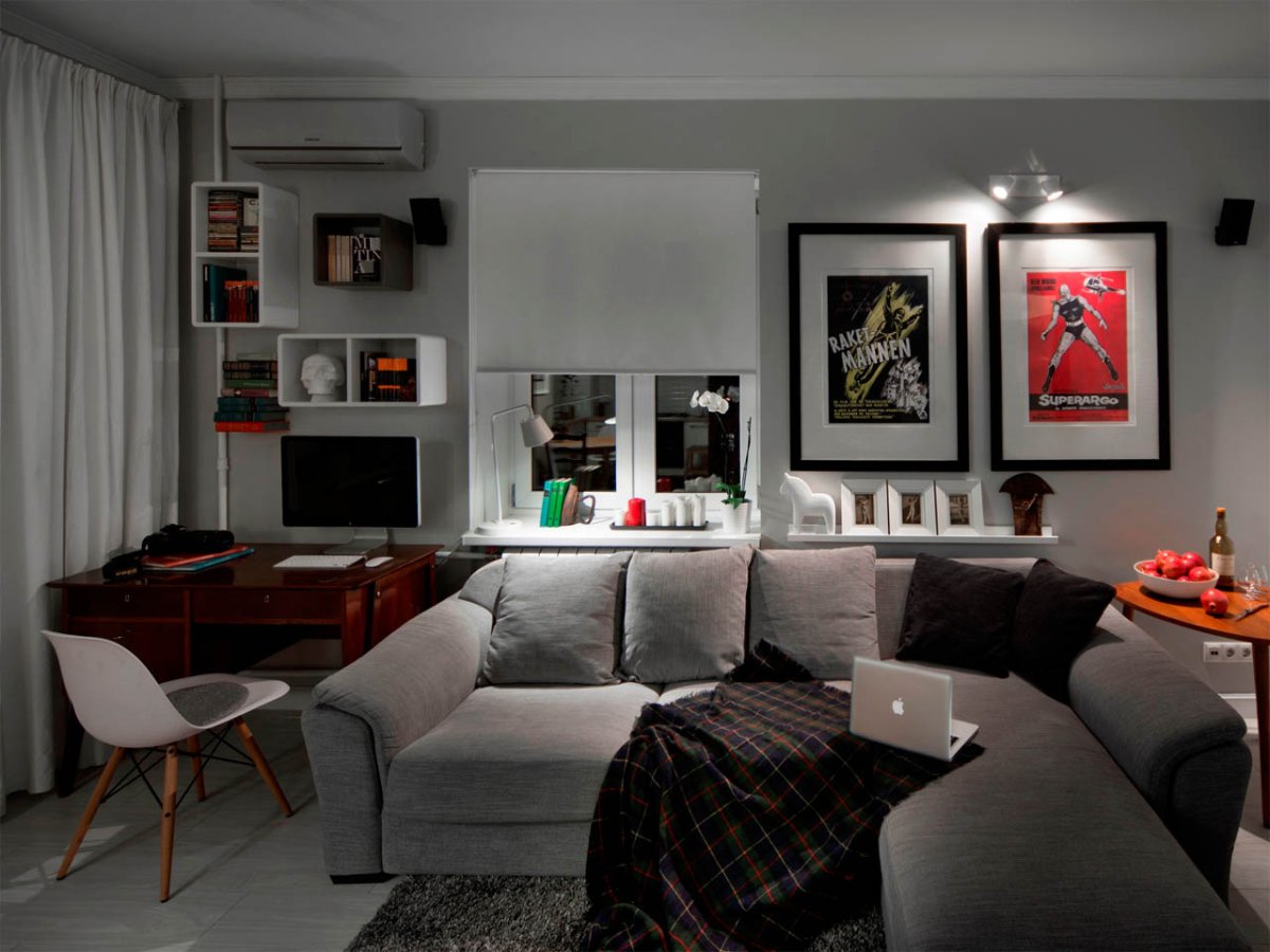 Кухня гостиная серые стены