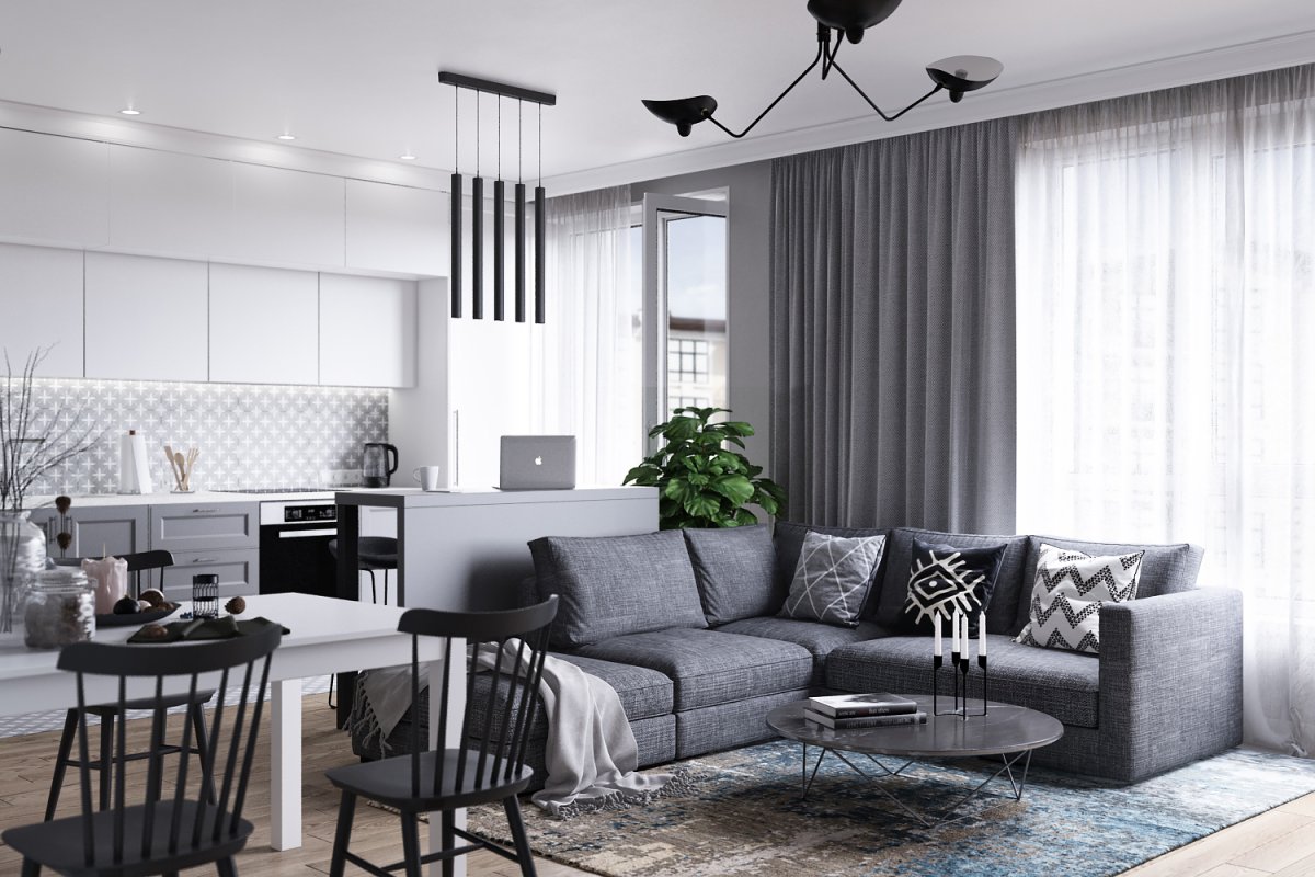 Квартиры студии в серо белом интерьере
