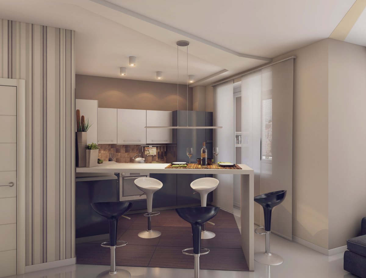 Кухня с барной стойкой в студии 30 кв.м