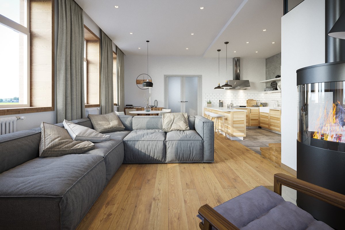 Таунхаус интерьер зала с кухней