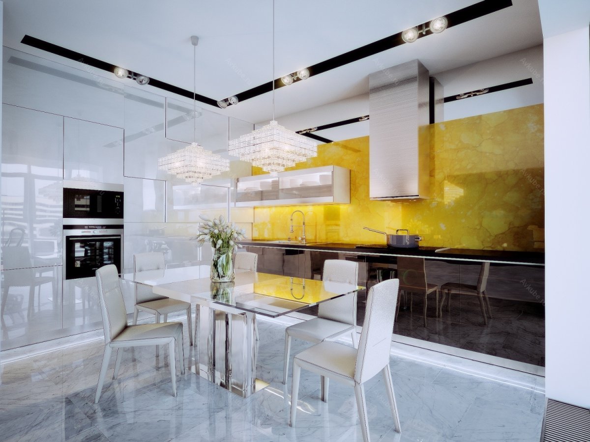 Интерьер кухни столовой в стиле хайтек
