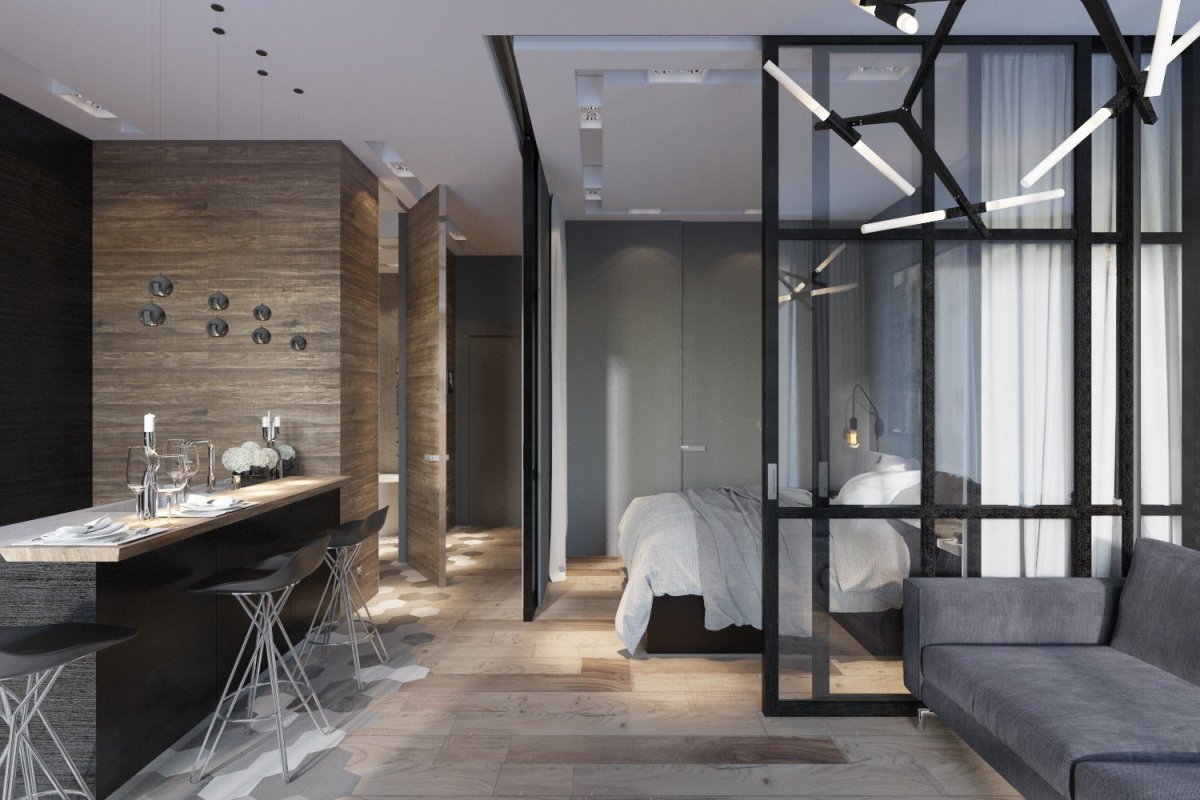 Спальня за стеклянной перегородкой