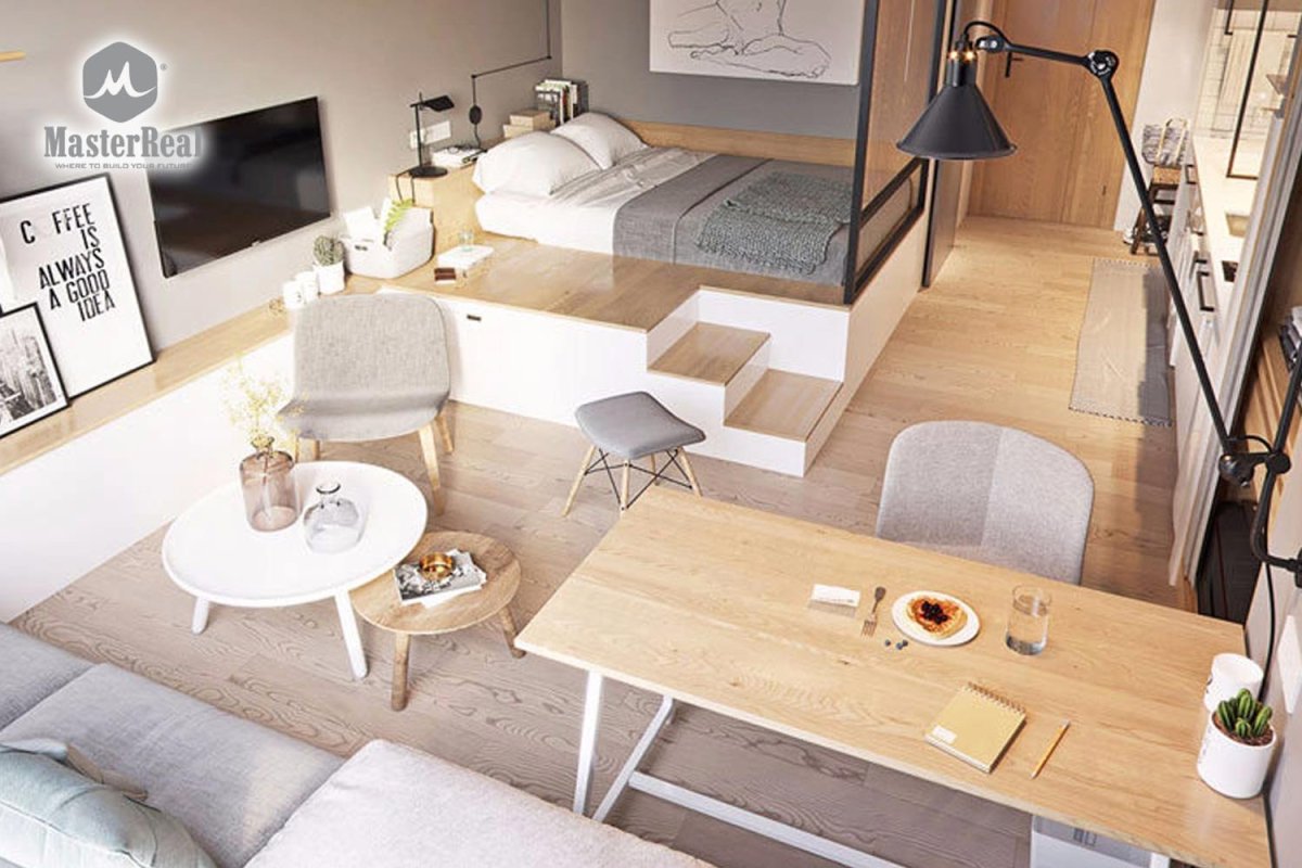 Дизайн гостиной с подиумом для стола