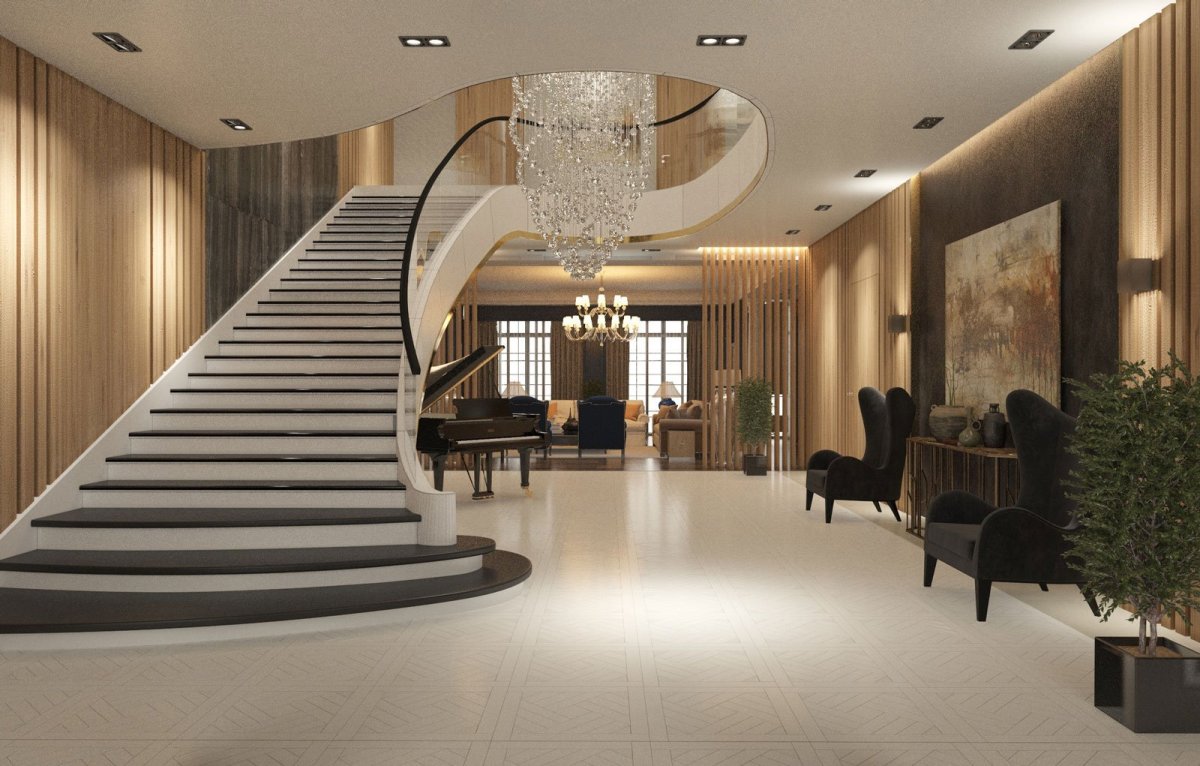 Потолок в холле с лестницей