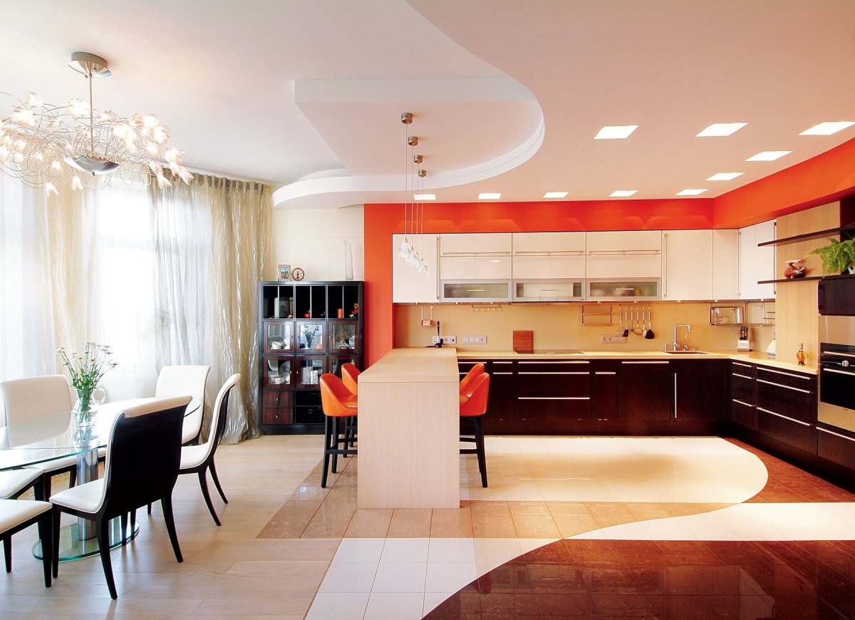 Двухуровневый потолок кухня гостиная