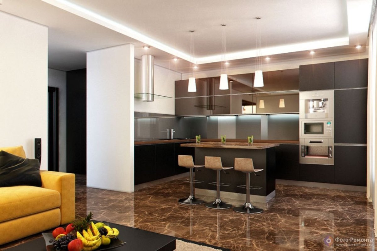 Кухня гостиная с кирпичной перегородкой