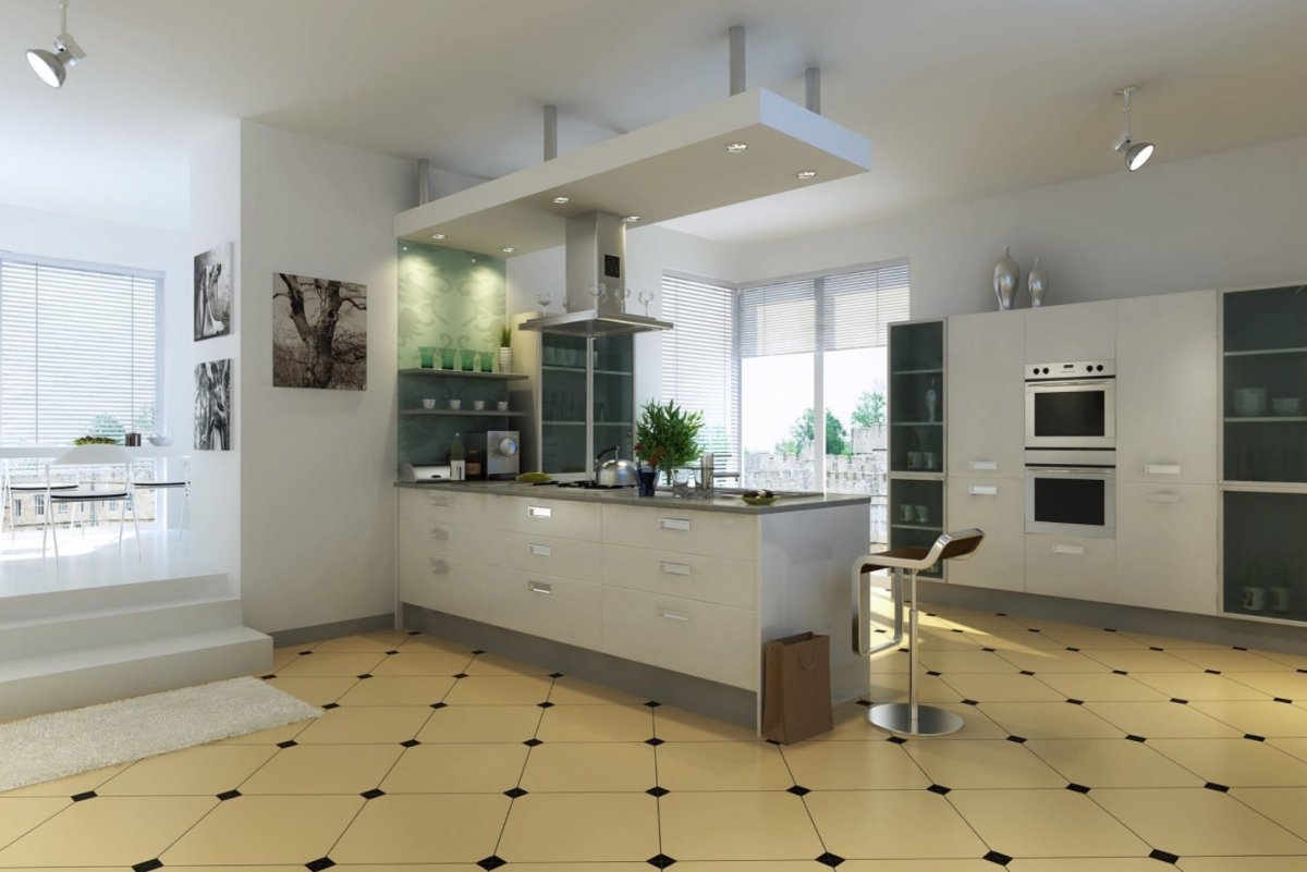 Зонирование пола в кухне и гостиной