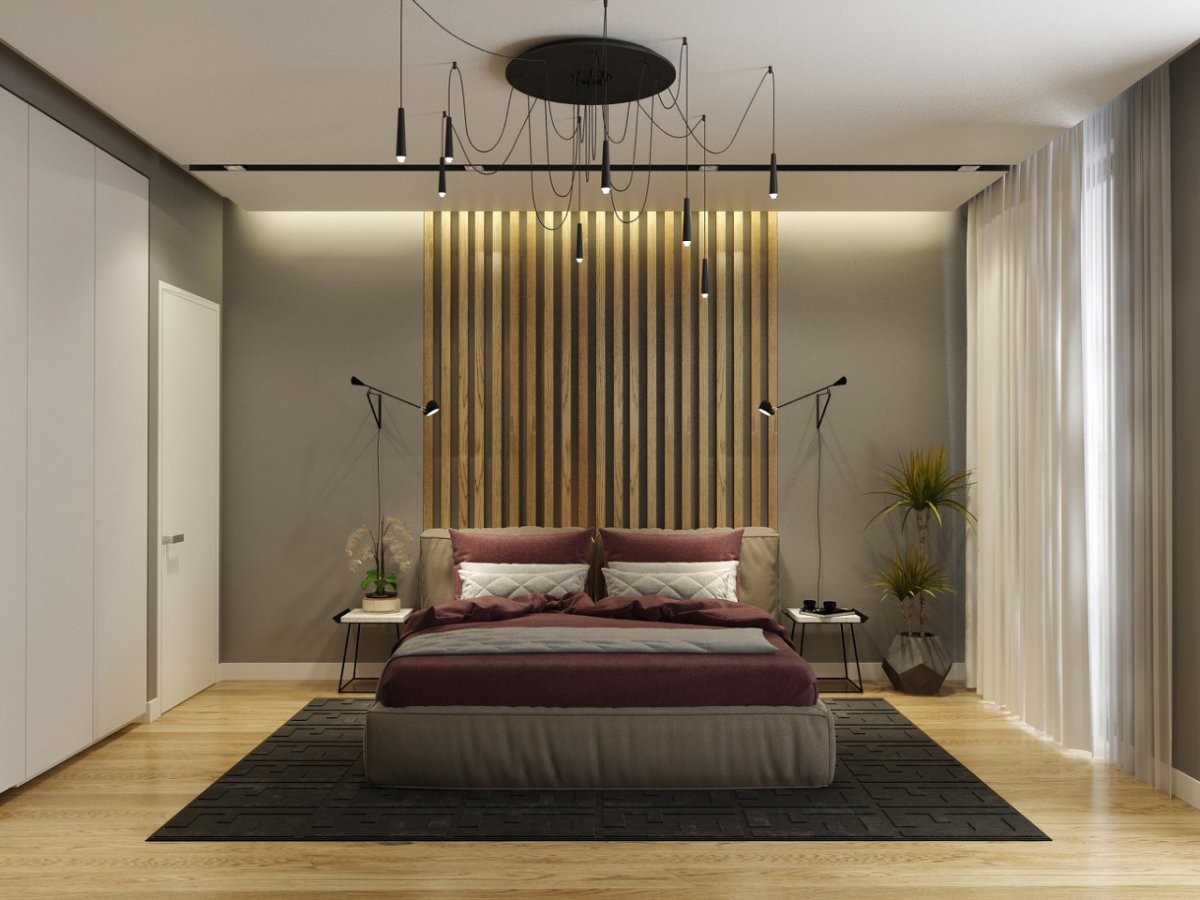 Современная спальня с рейками