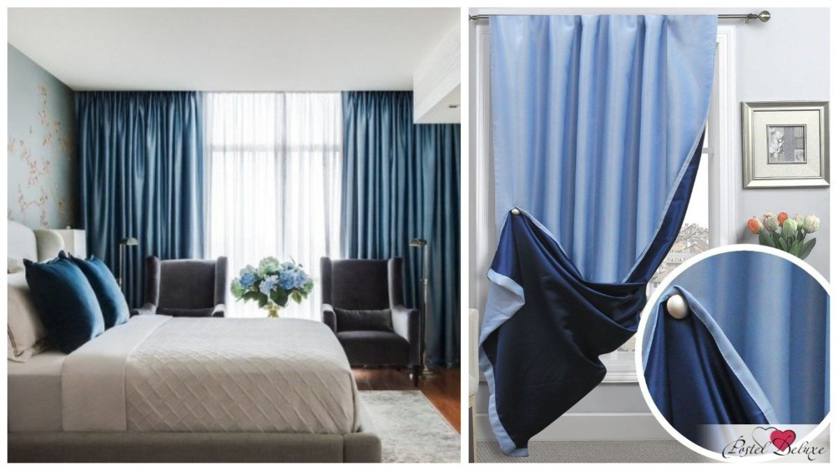 Серо-синие шторы в интерьере