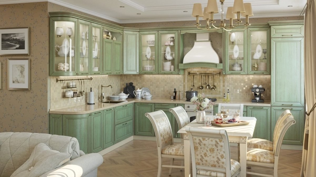 Фисташковые стены на кухне
