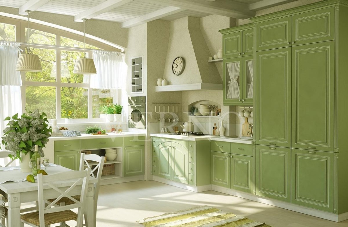 Обои оливкового цвета в интерьере кухни