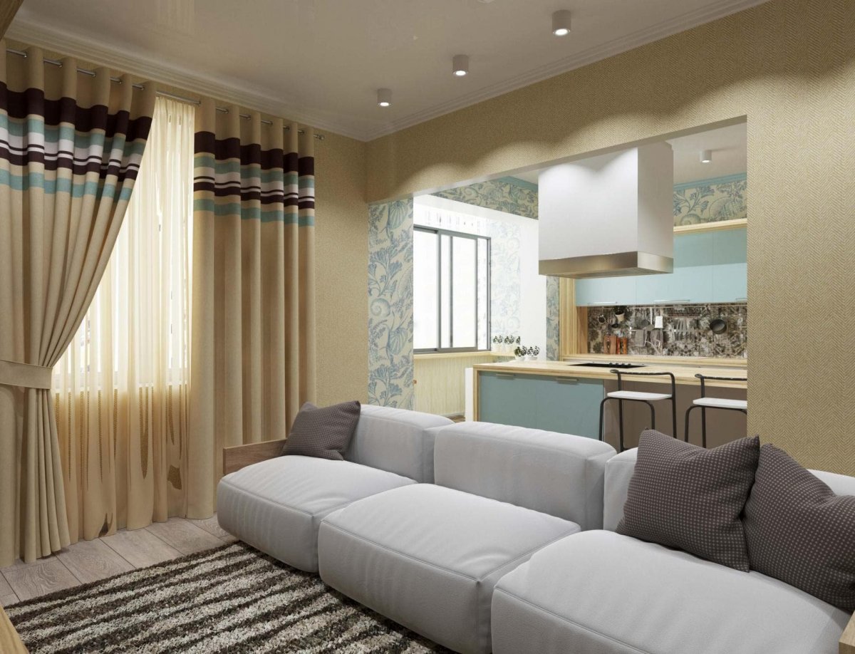 Шторы в гостиную объединенную с кухней