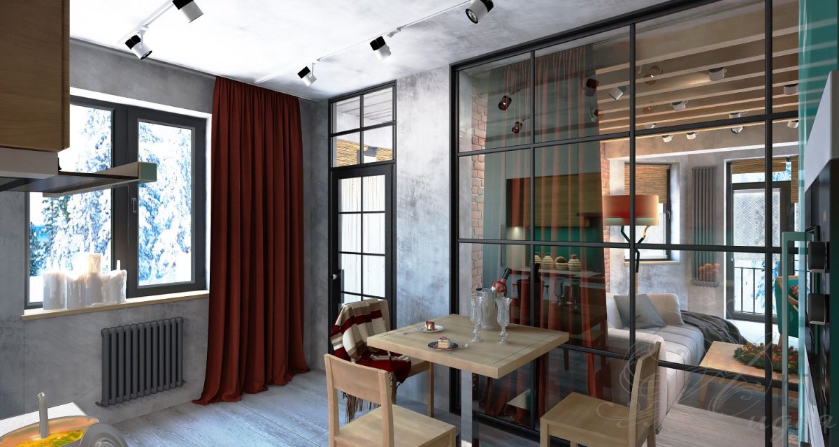 Стеклянная перегородка между столовой и гостиной