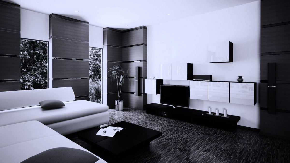 Черно белый интерьер гостиной