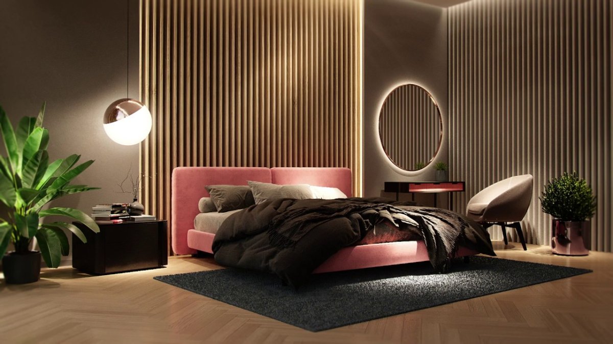 Деревянные рейки в спальне