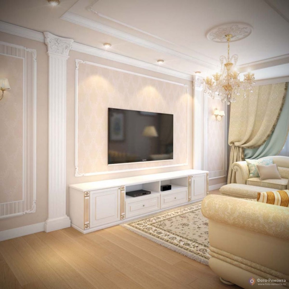 Телевизор в гостиной в классическом стиле