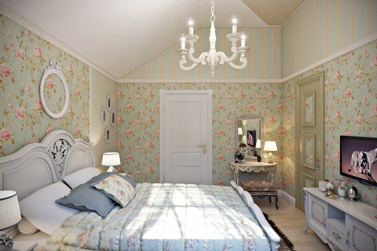 Цветочные обои в спальне