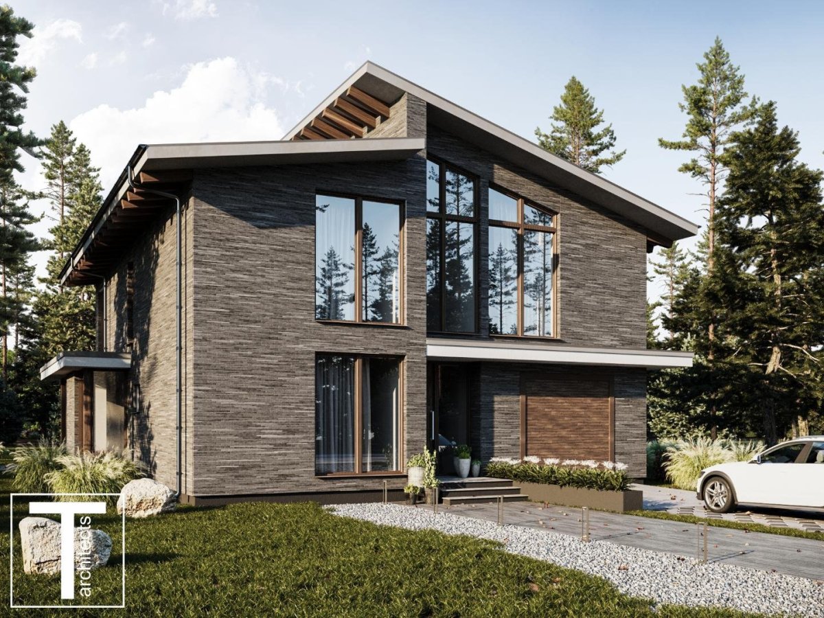 Двухэтажный коттедж с панорамными окнами