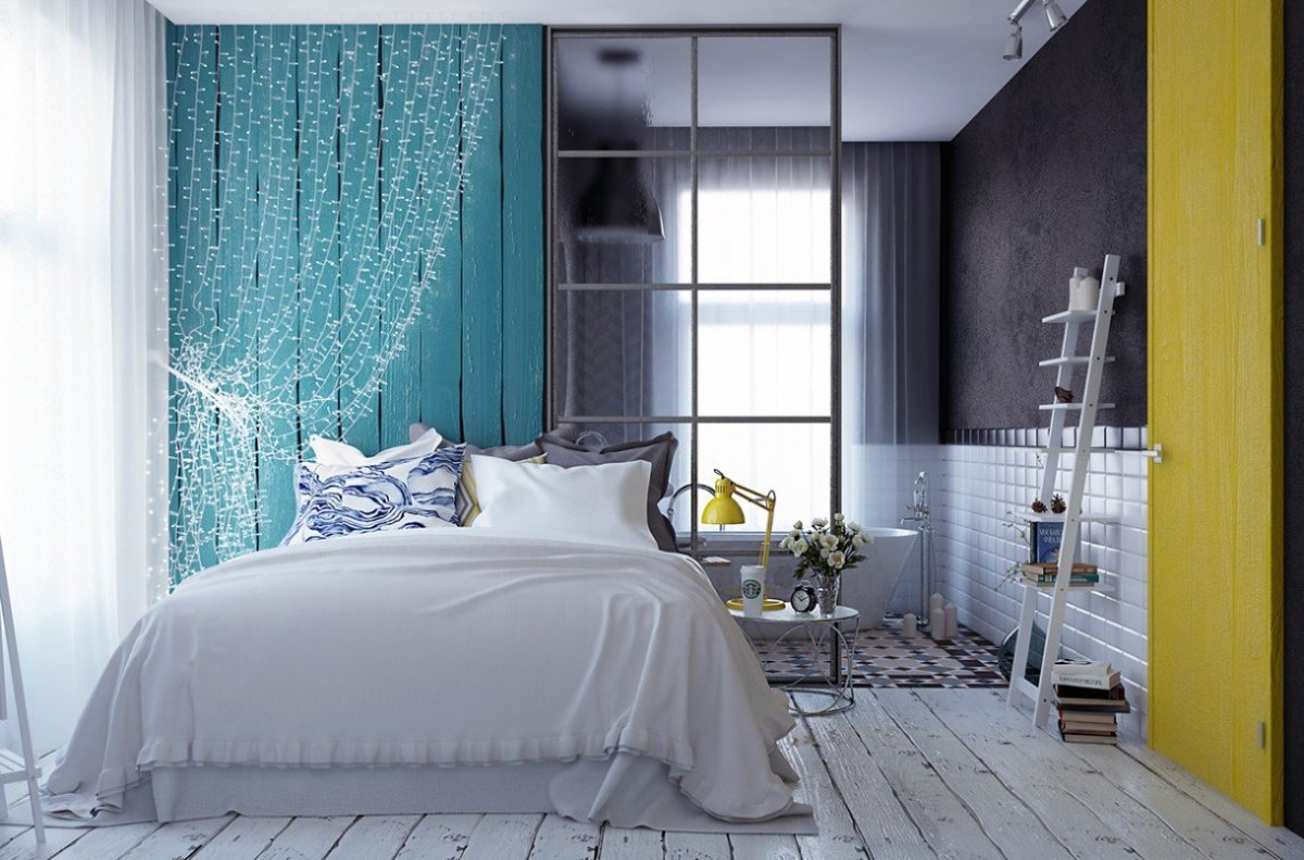 Синяя кровать в интерьере спальни