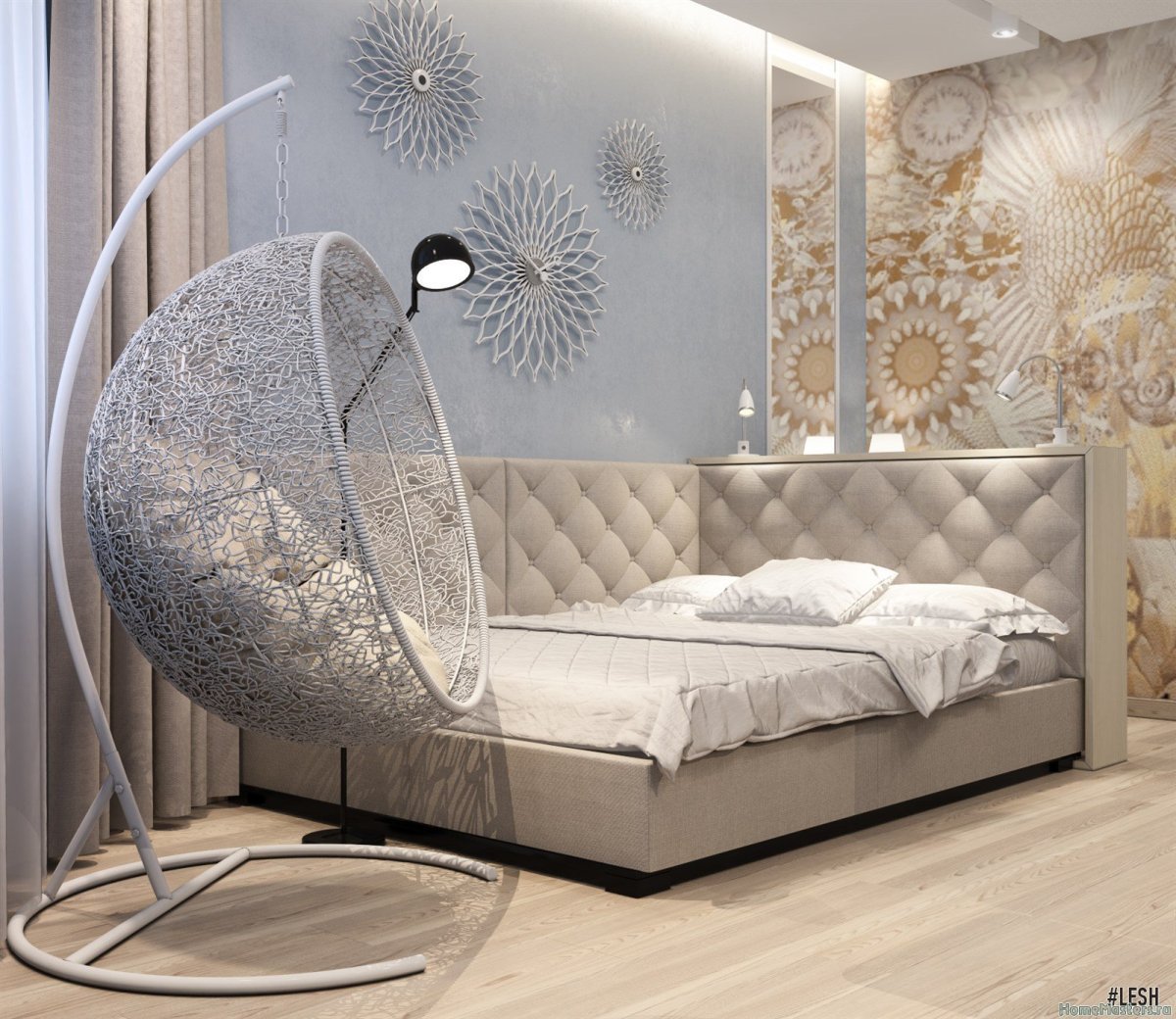 Подвесное кресло в интерьере спальни