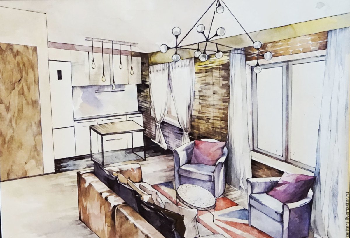 Интерьер скетчинг фронтальная перспектива