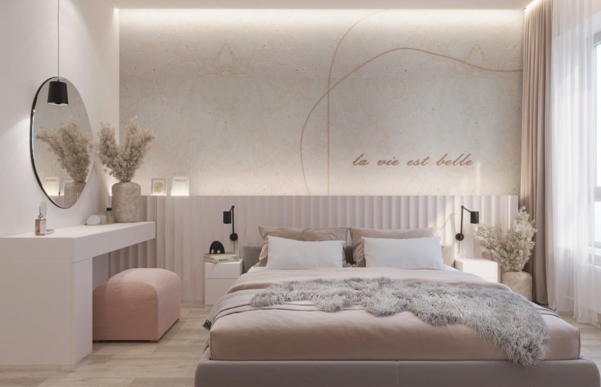 Комнаты в стиле пудровых оттенков с перышком