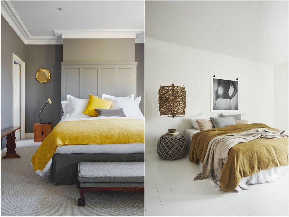 Спальня в серо горчичных тонах